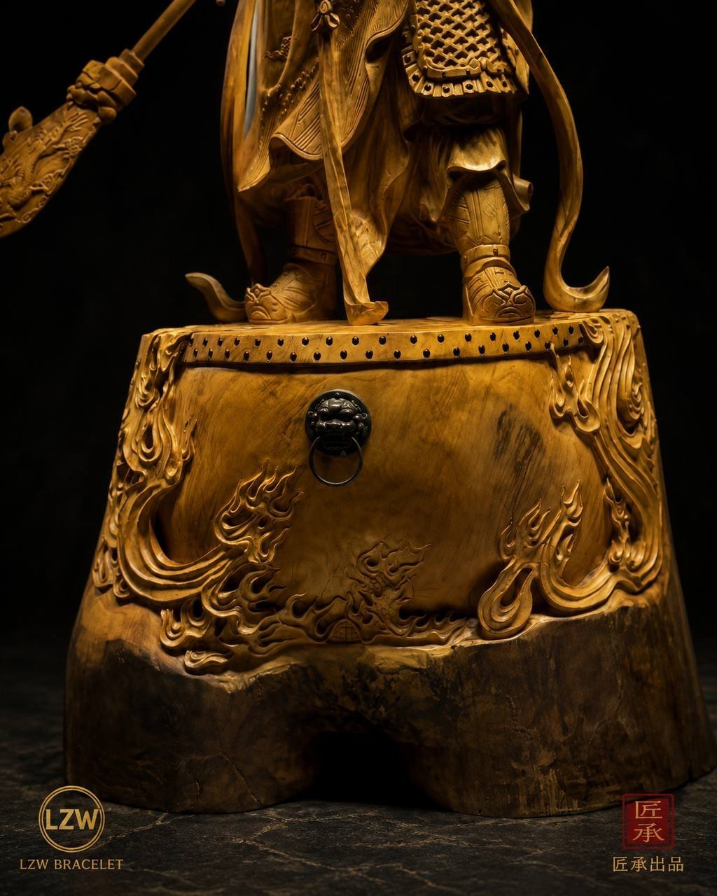 Carved dragon base with natural wood texture