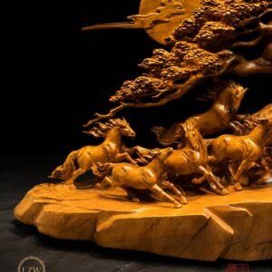 Eight galloping horses sculpture with pine and moon motif
