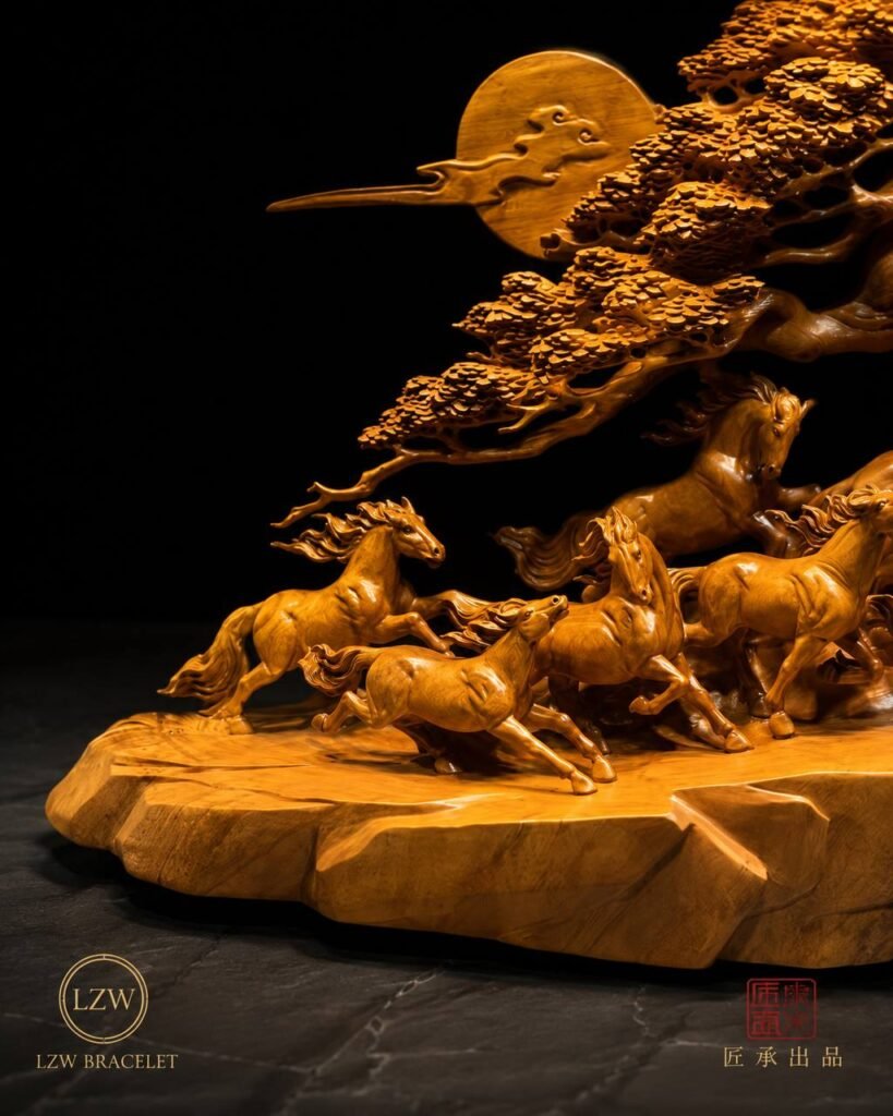 Eight galloping horses sculpture with pine and moon motif