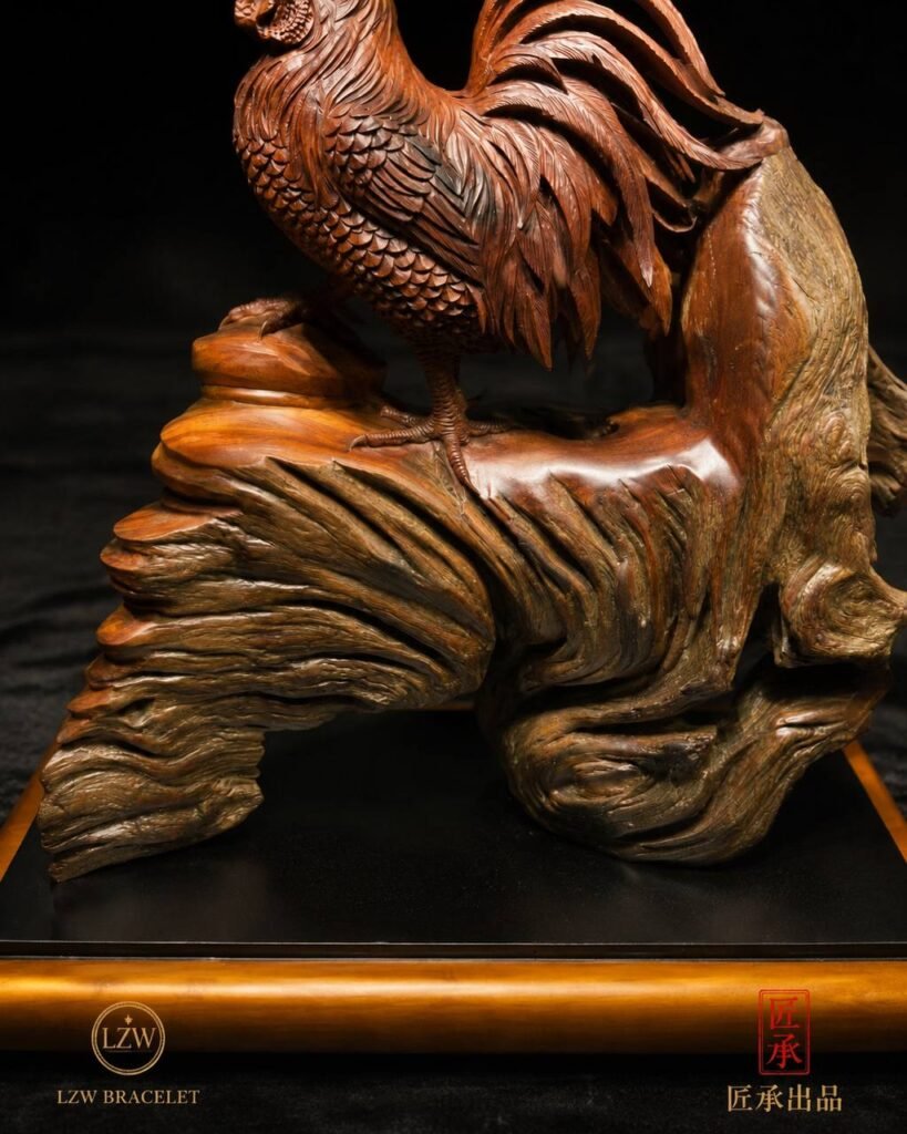 Side view of majestic rooster wood sculpture