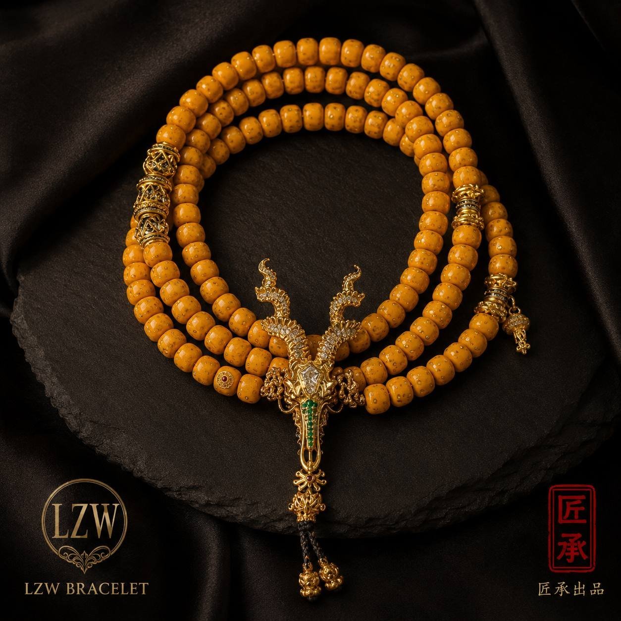 Amber beaded mala necklace with braided tassels