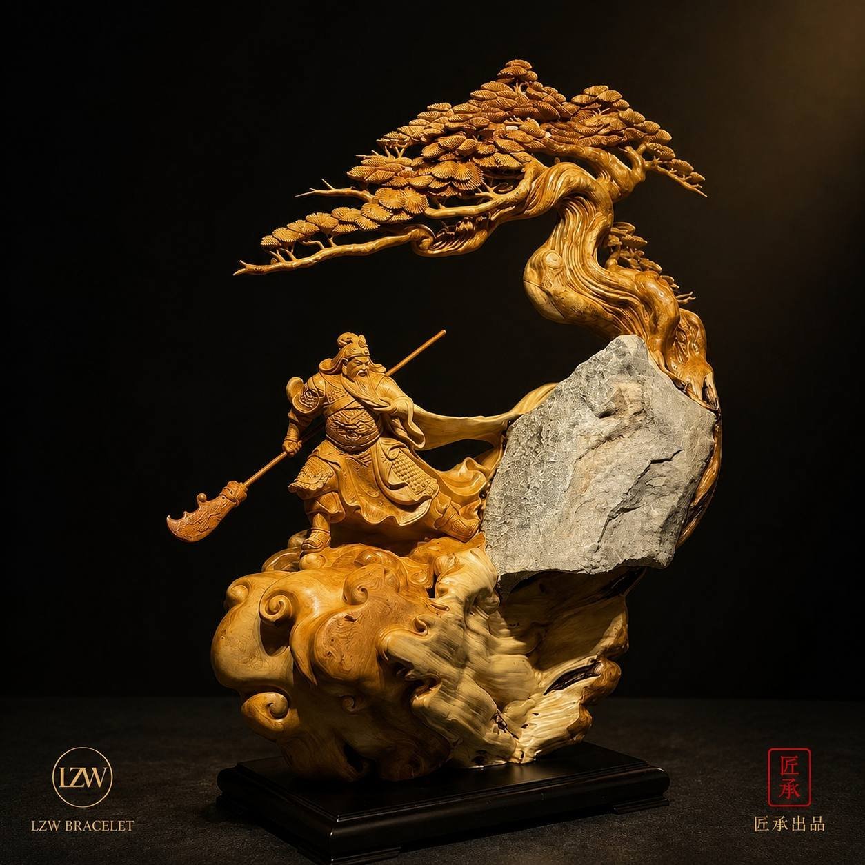 Eastern Guan Yu wood and stone sculpture displayed on a base