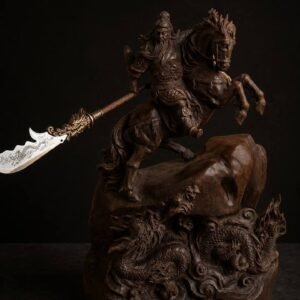Guan Yu on horseback with carved Eastern dragon details