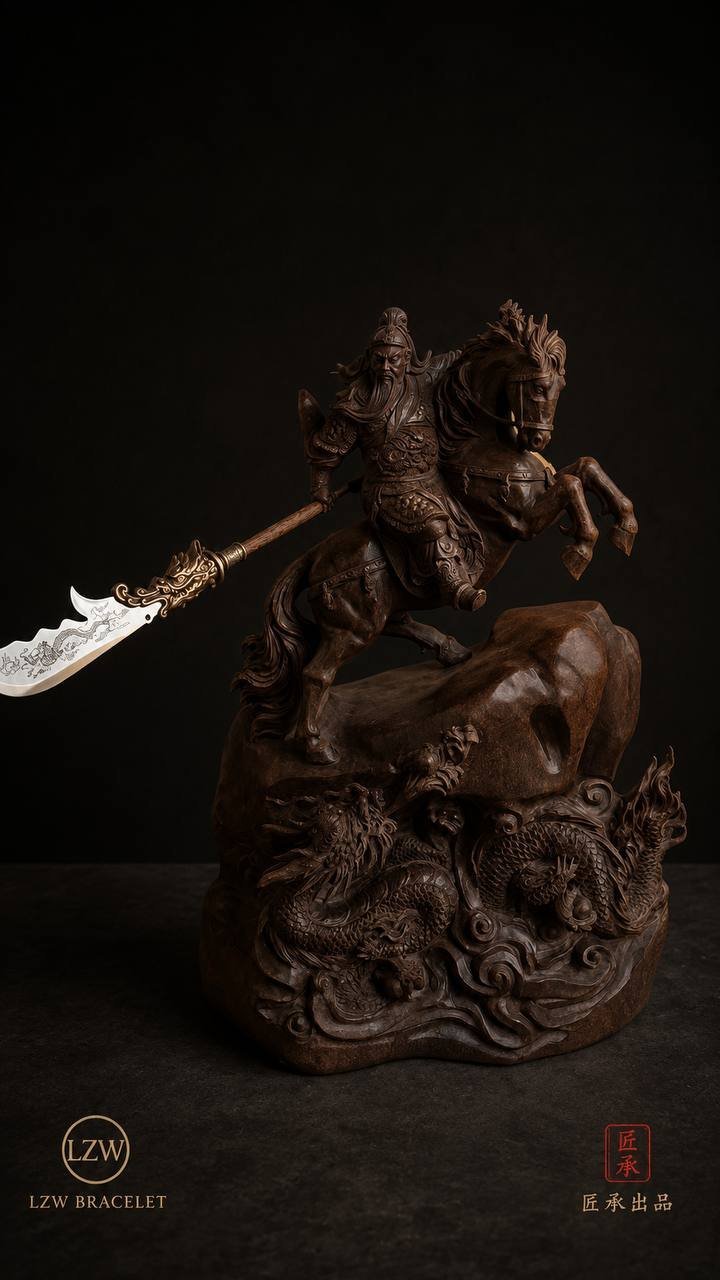 Guan Yu on horseback with carved Eastern dragon details