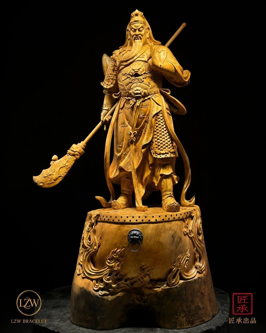 Guan Yu warrior sculpture displayed on a dragon base