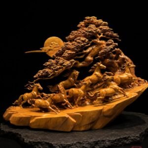 Ancient pine and horse sculpture from a side view