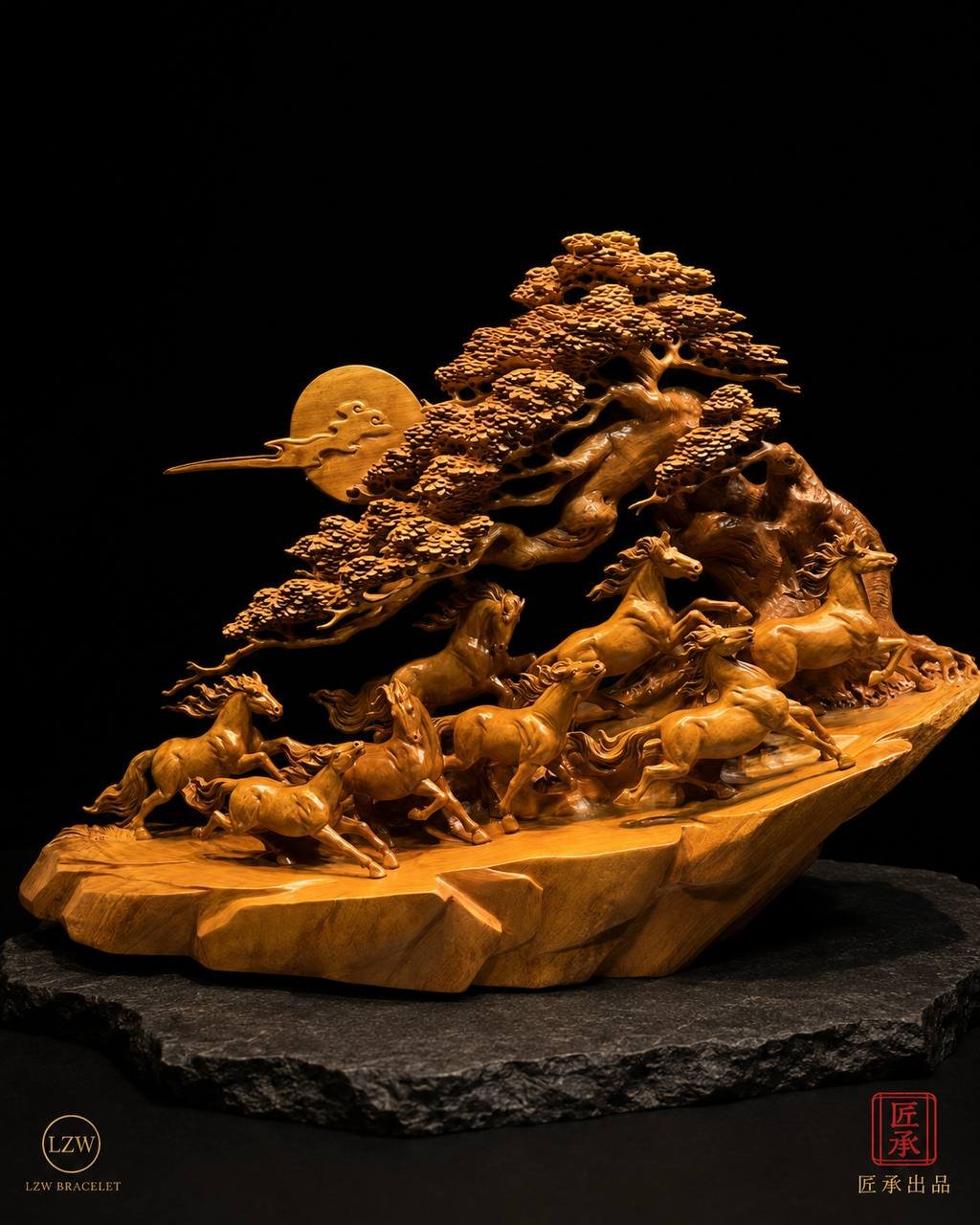 Ancient pine and horse sculpture from a side view